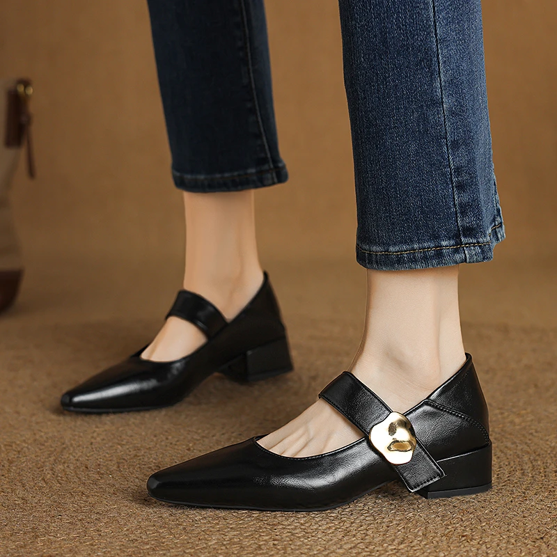French thick-heeled magic sticker shallow shoes 2025 spring new pointed and fashionable versatile non-slip small leather shoes