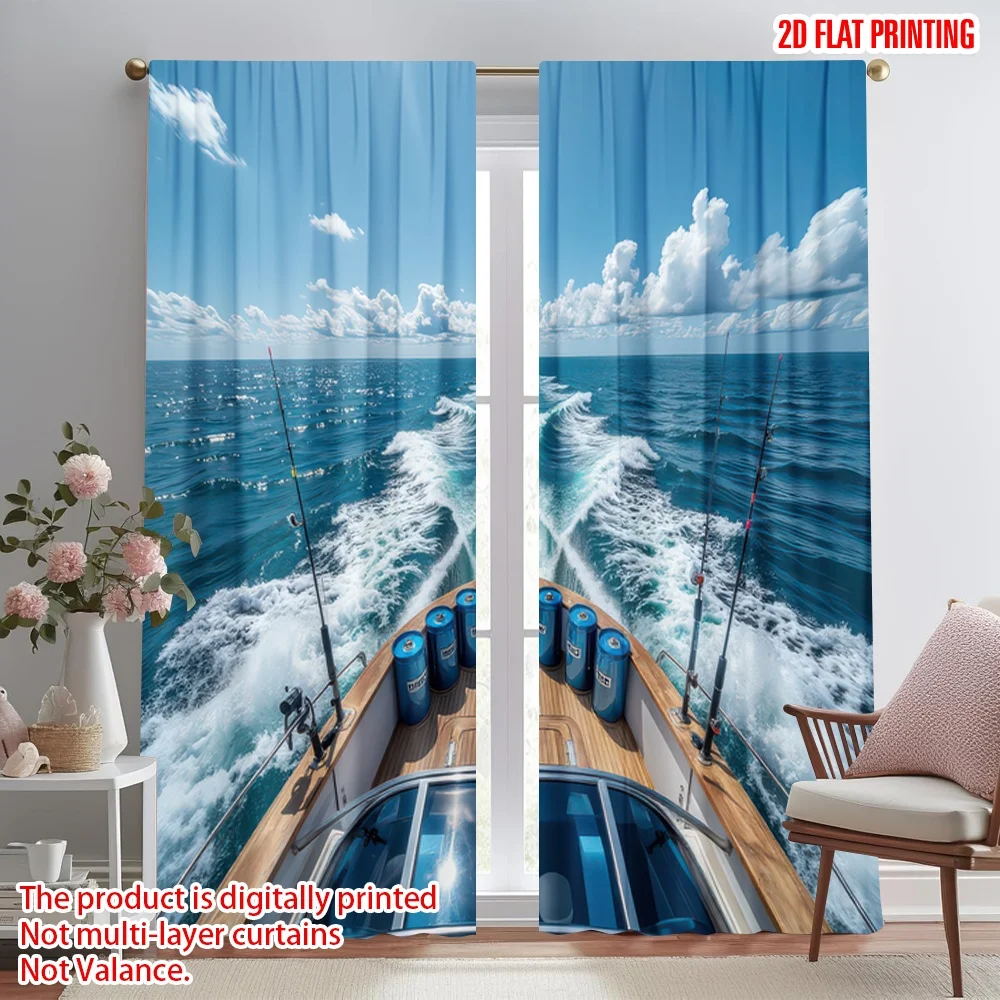 

2D flat printing 2pcs Party Window Curtains Boat Wake on Ocean Digital Printed Polyester Drapes Birthday Party Perfect for