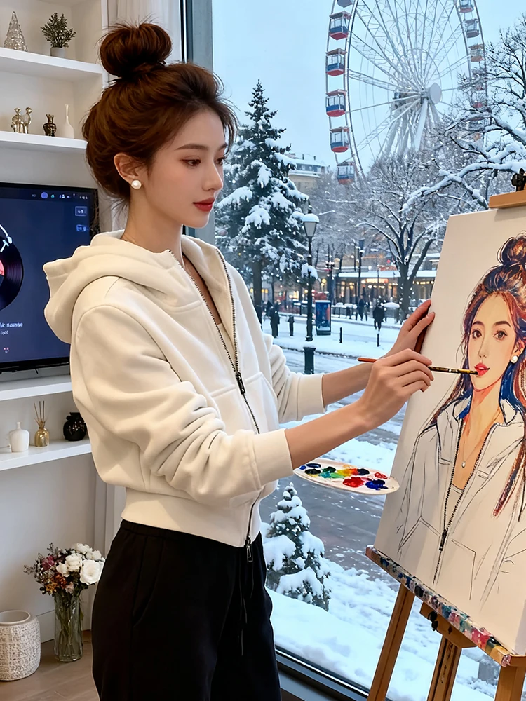 Women's Fce Lined Thiened Hoodie Double Sided Velvet Warm Faionable Outerwear Zipper Sle Long Sve Korean Sle