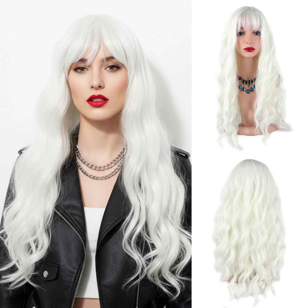 

White Long Curly Wig with Bangs Synthetic Fiber Party Cosplay High-Temperature Resistant Wig for Women Halloween