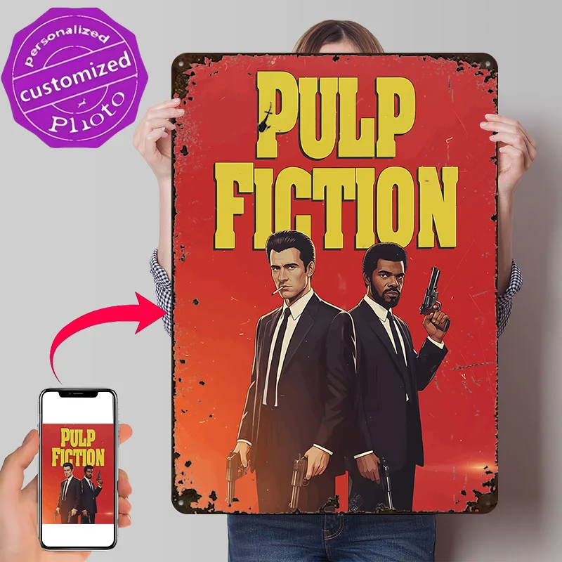 Pulp Fiction Movie 3D Printed Texture Poster Personalized Wall Art Retro Metal Tin Signs for Room Decorations Man Cave Wand Deko