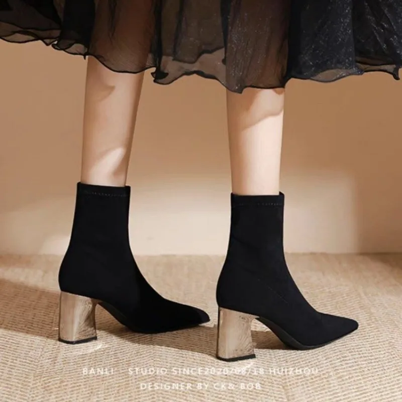 2023 New Autumn and Winter Thickened High Heels Versatile Thin Boots Women\'s Pointed Toe Mid-calf Elastic Sock Boots for Women