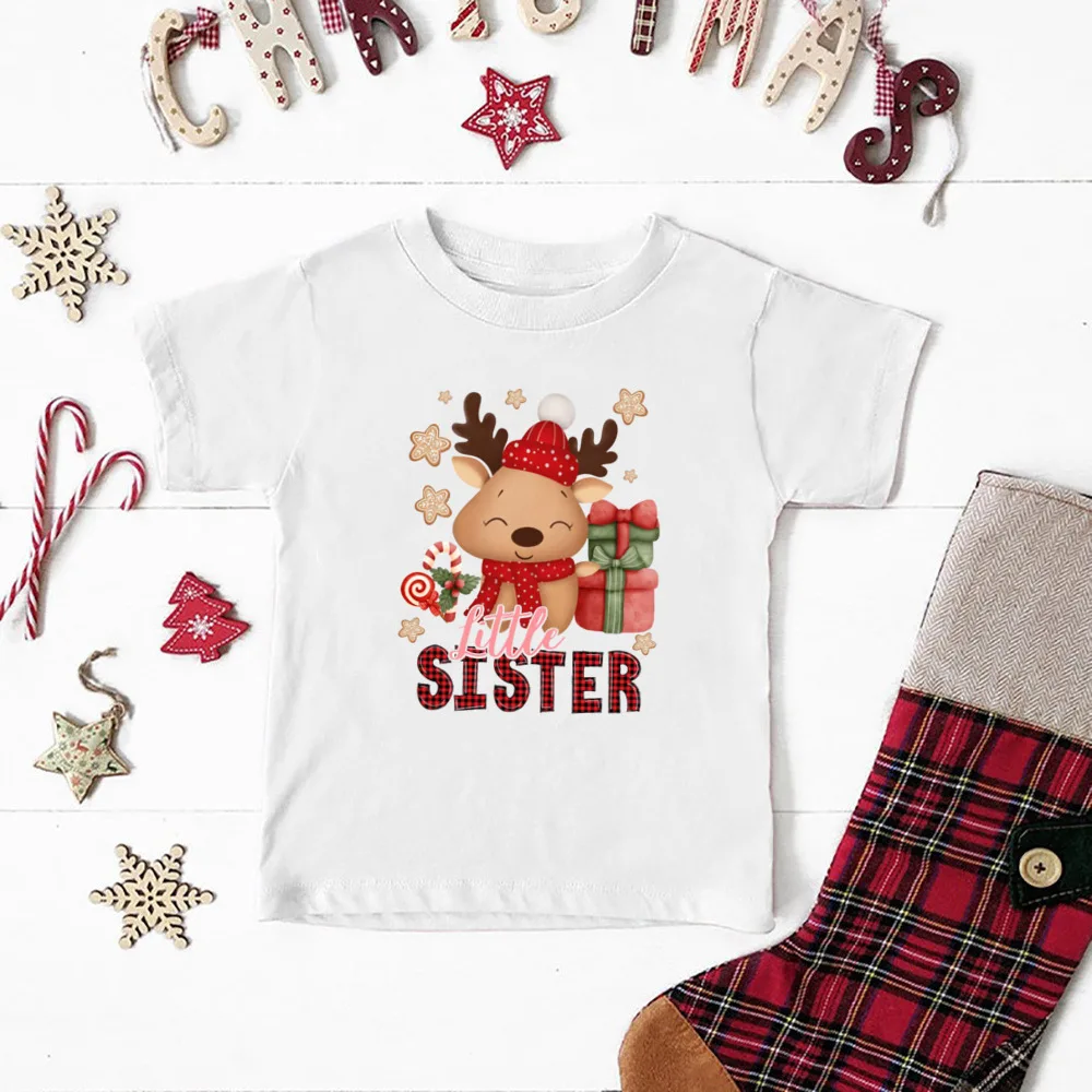 Deer Big Brother Little Sister Print Kids Shirt Christmas Party Boys Girls Outfit Holiday Sibling T-shirt Child Short Sleeve Tee