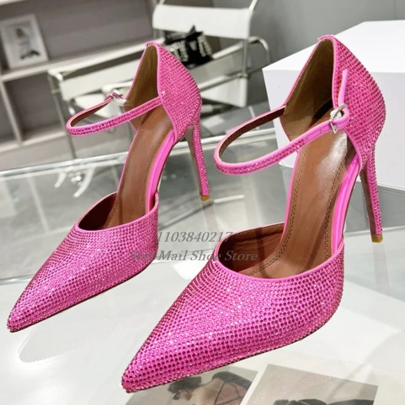 

Fashion Full Attached Rhinestone High Heels Pointed Toe Baotou Stiletto Sandals Ankle Strap Bag Heel Tower Buckle Banquet Shoes