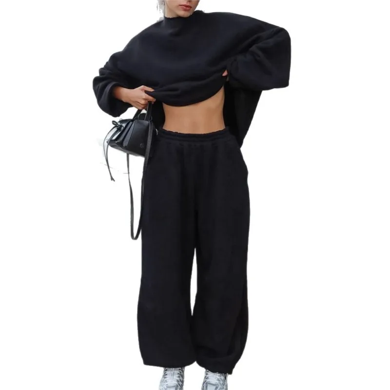 2025 الخريف الشتاء موضة بدلة رياضية عصرية بلون فضفاض بأكمام طويلة بلوزات وسراويل رياضية غير رسمية قطعتين مجموعة #6