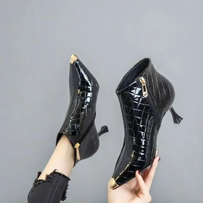 

Party Women Pointed Toe Autumn Ankle Boot Sewing Slim Black Velvet Side Zip Flock Thin High Heels Fashion Modern Boots