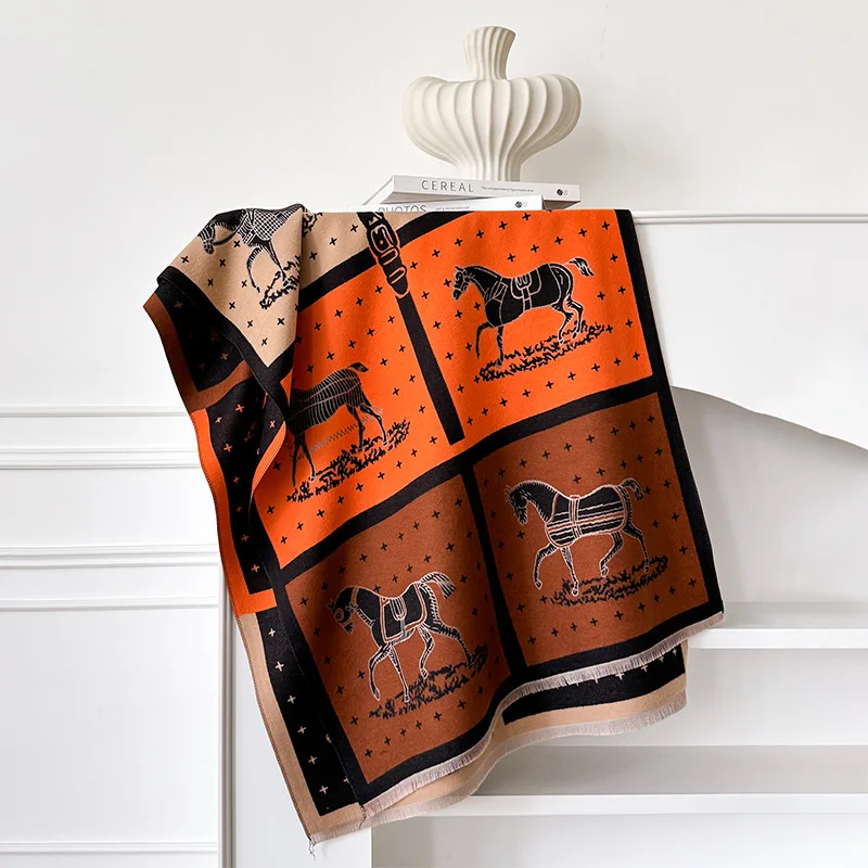 

Fashion Women Faux Cashmere Shawls Plaid Horse Printed Tassels Scarf Warm Wraps Chic Accessory Suitable For Winter Accessories