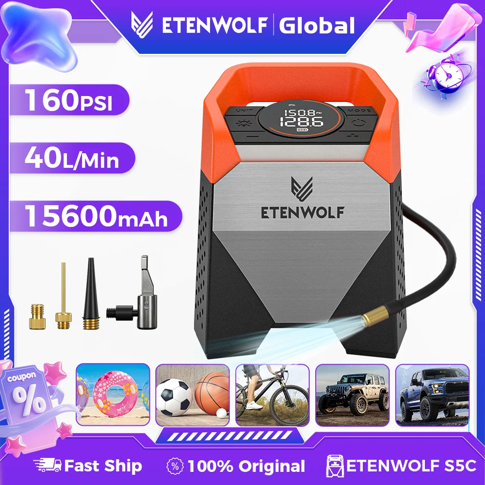 ETENWOLF ZEPHYR S5C Compressor de Ar Portátil para Pneus, Inflador de Pneus de Alta Performance 160PSI e 15600mAh para Picapes, Pneus de Carro e Motocicletas