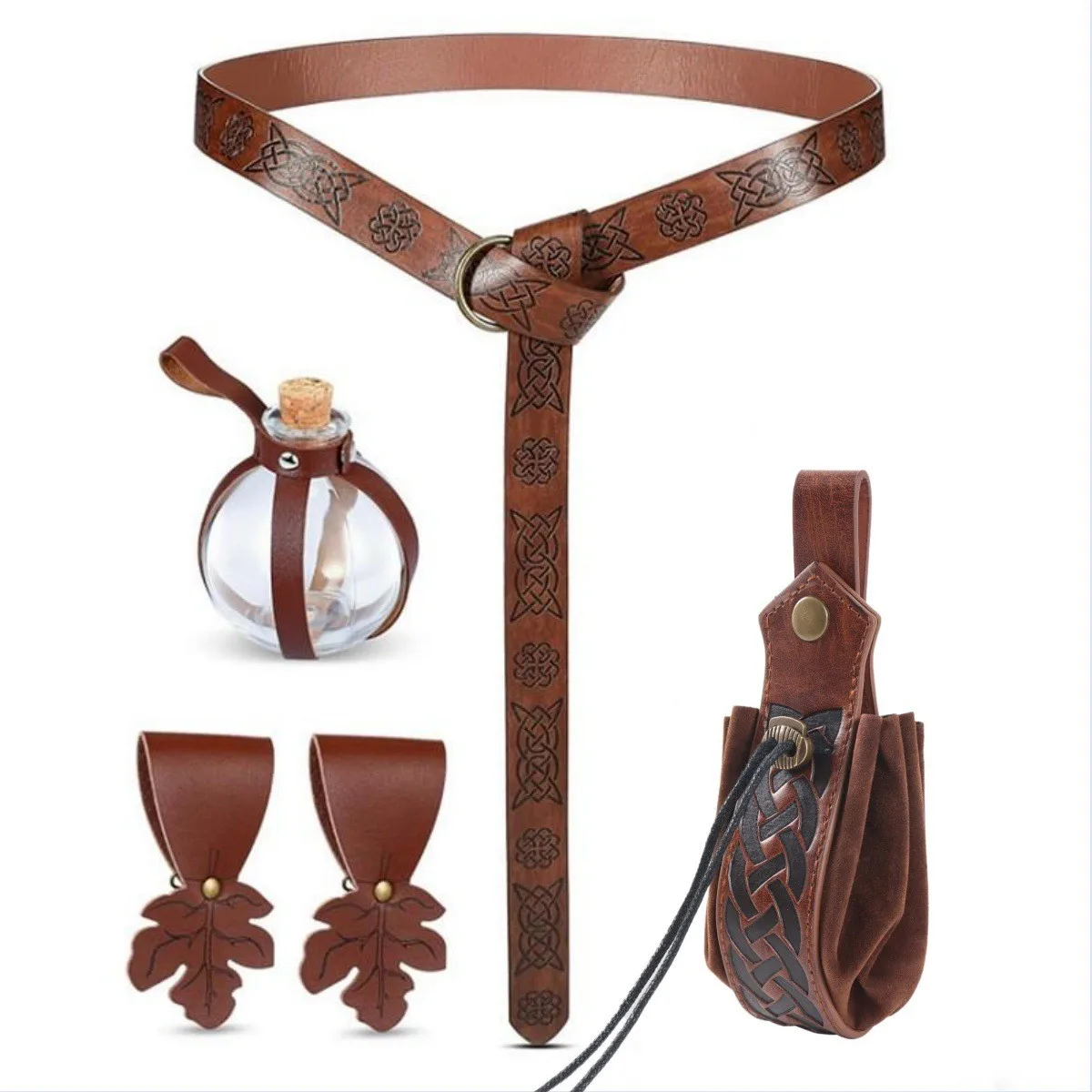 حزمة إكسسوارات عصر النهضة القرون الوسطى القراصنة بو حزام جلد حقيبة الفلين جرعة زجاجة حزام زي الهالوين التأثيري #2