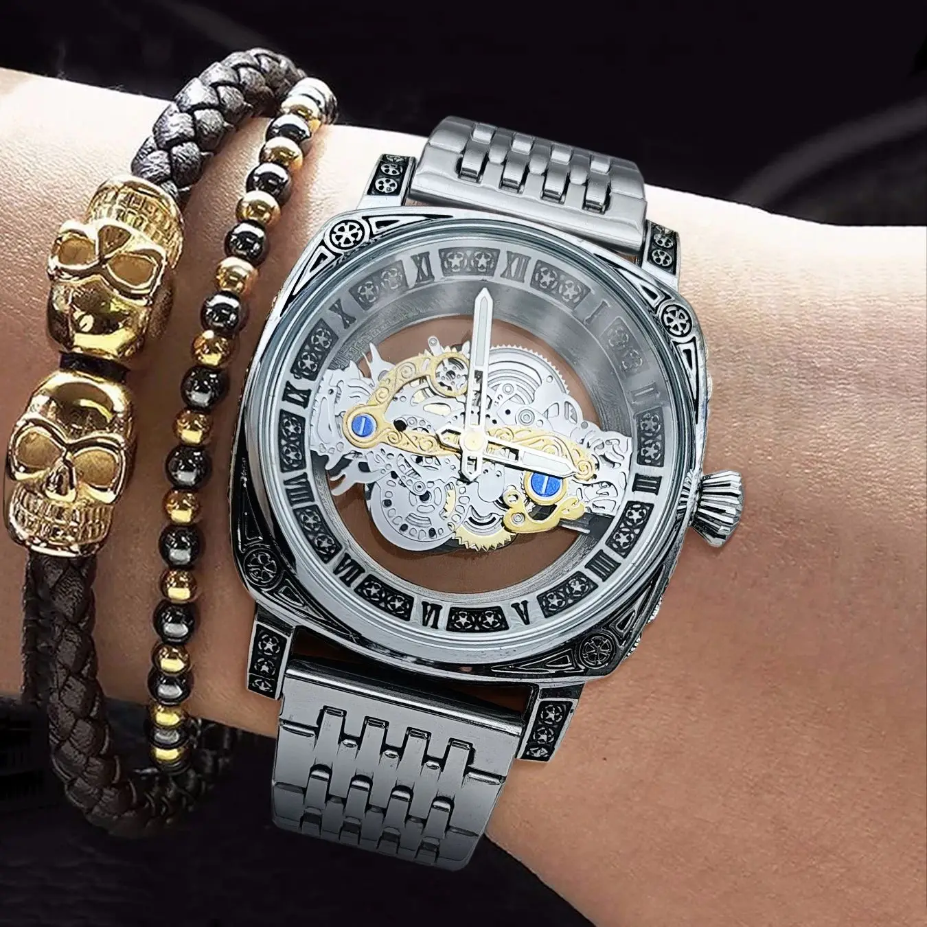 ساعة رجال الأعمال الفاخرة الراقية، تصميم مربع مجوف على الوجهين، مضيئة، مقاومة للماء، ساعة كوارتز، ساعة رجالية عصرية كاجوال بسيطة وأنيقة، طراز أوروبي وأمريكي #4