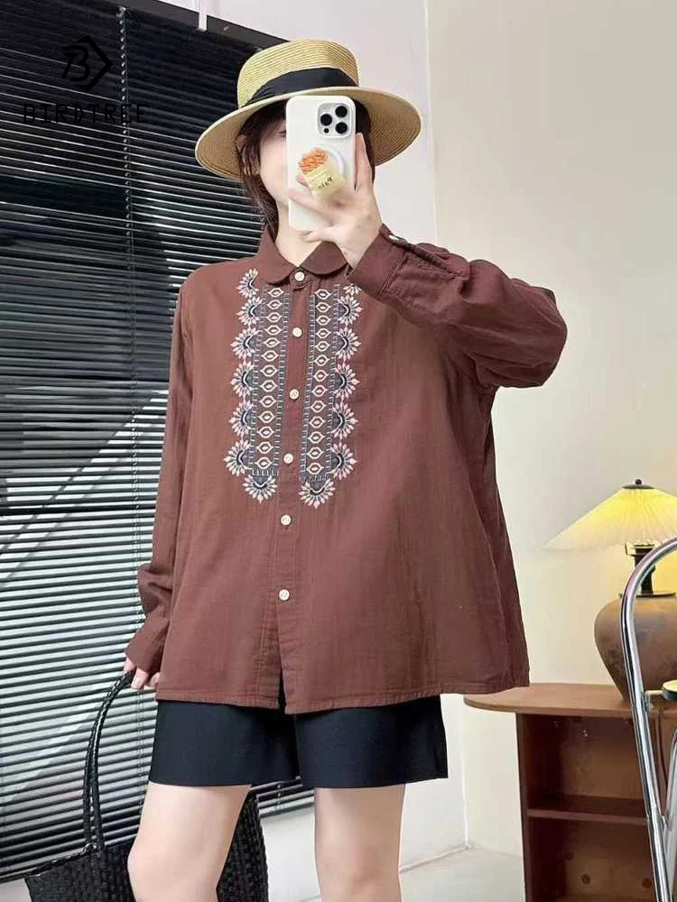 

Новинка 2026 года, весенняя рубашка с длинными рукавами из хлопковой пряжи, женская рубашка с отложным воротником и вышивкой, свободная блузка в этническом стиле Mori Girl T5D848CC