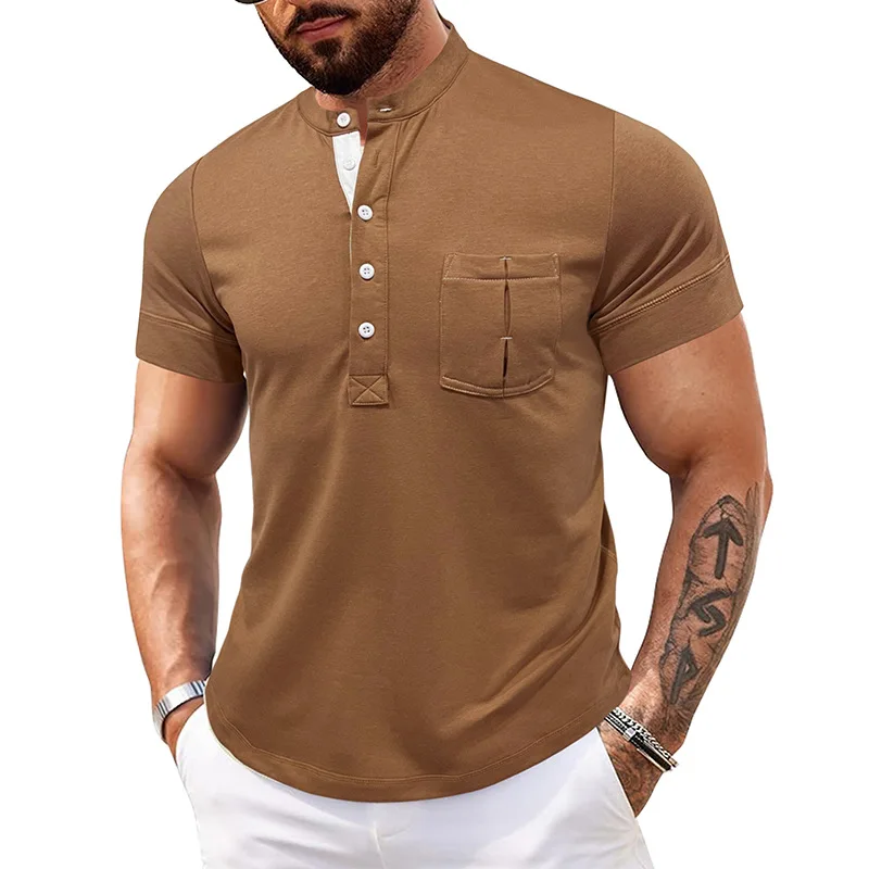 TRSYPHXM nouveau 2024 hommes en plein air col rond haut ouvert Henry manches courtes base T-shirt poche hommes polo