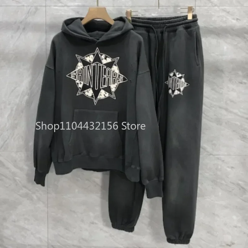 Winter Washed Black Hiphop Street Saint Tracksuit High Quality 3D Print Casual Loose Hoodie Joggers Pants Men Women Hoodys