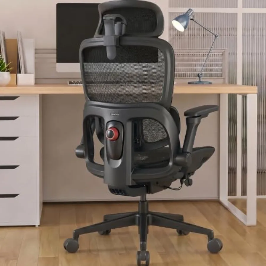 B300 Pro Ergonomic Office Chair for home office use, mesh back and PU leather seat in black, adaptive lumbar support and adjust
