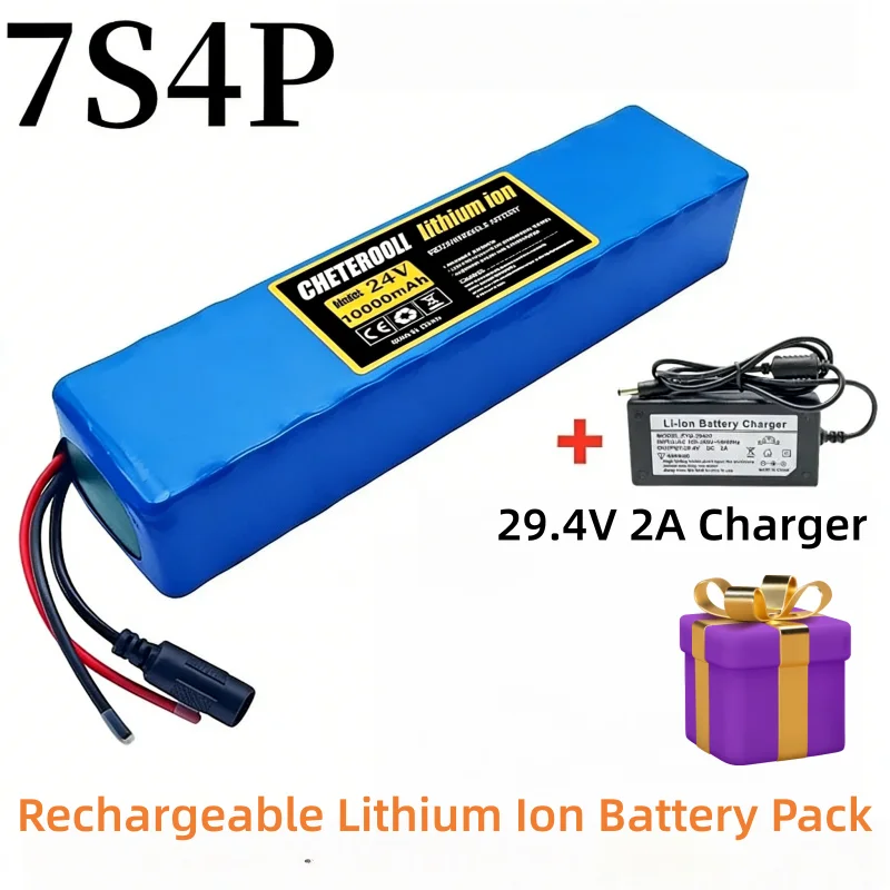 

24V Rechargeable Li-ion Battery Pack 10000mAh 7S4P with 15A BMS + Charger, Deep Cycle Power Supply for RV Solar System Marine