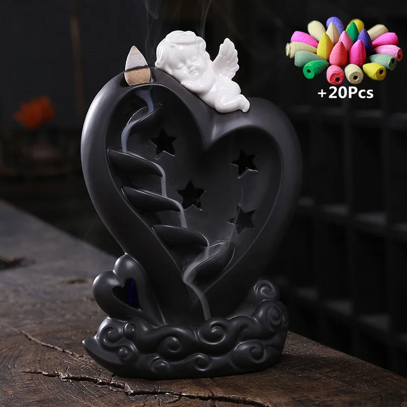 Gift Loving Heart Angel Home Office Decor Ceramic Artwork Backflow Incense Handicraft Stick Holder