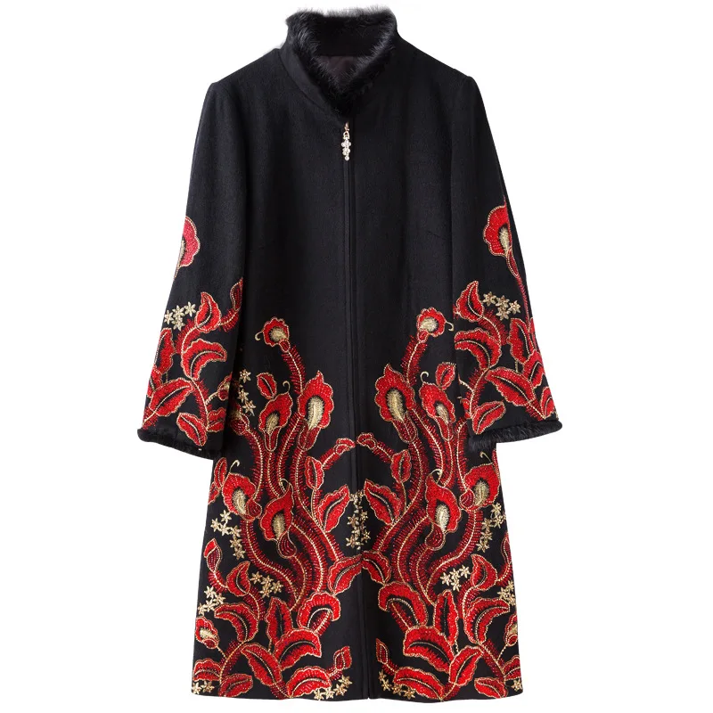 Women Jacquard Coat Ethnic Chinese Traditional National Embroidery Cloak Hot Lining Thick Warm Stand Collar Winter Long Oversize