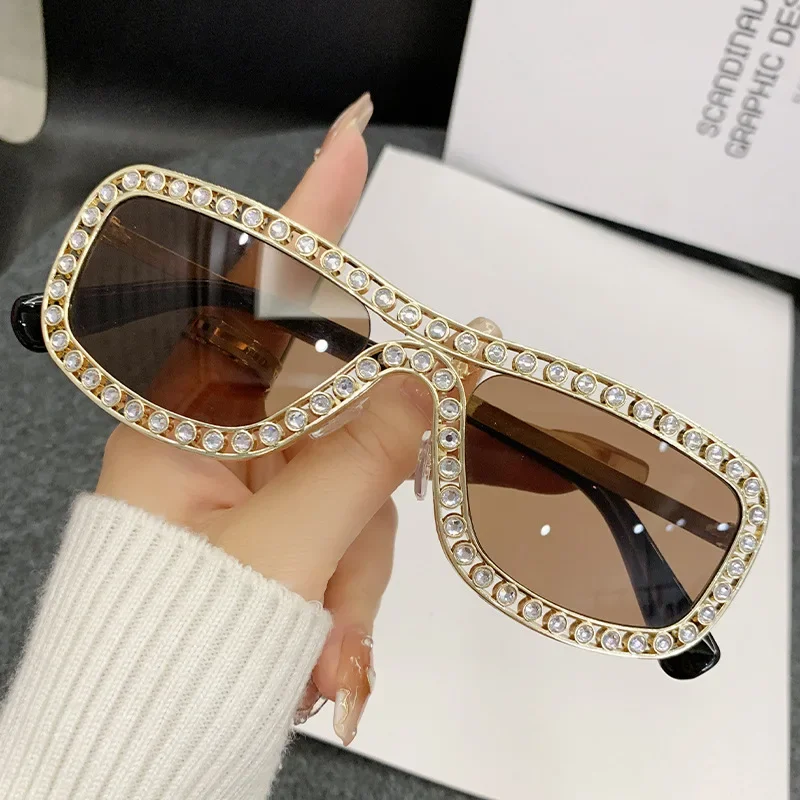 Luxury Brand Designer Rectangle Diamond Sunglasses Women For Men Popular Vintage Crystal Steampunk Sun Glasses Metal Eyeglasses