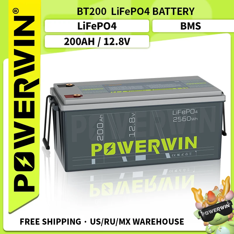 Powerwin Bt200 128 v 200ah Lifepo4 Bateria 2560wh 1280w Embutida 200a Bms Gradea 4000+ Barco de Peixe Recarregável Solar de Ciclo Profundo
