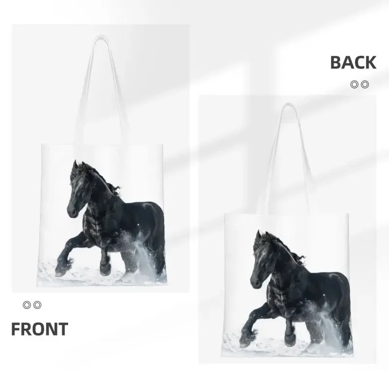 Kawaii Elegant Frisian Horse Shopping Tote Bag Reusable Horse Lover Groceries Canvas Shoulder Shopper Bag