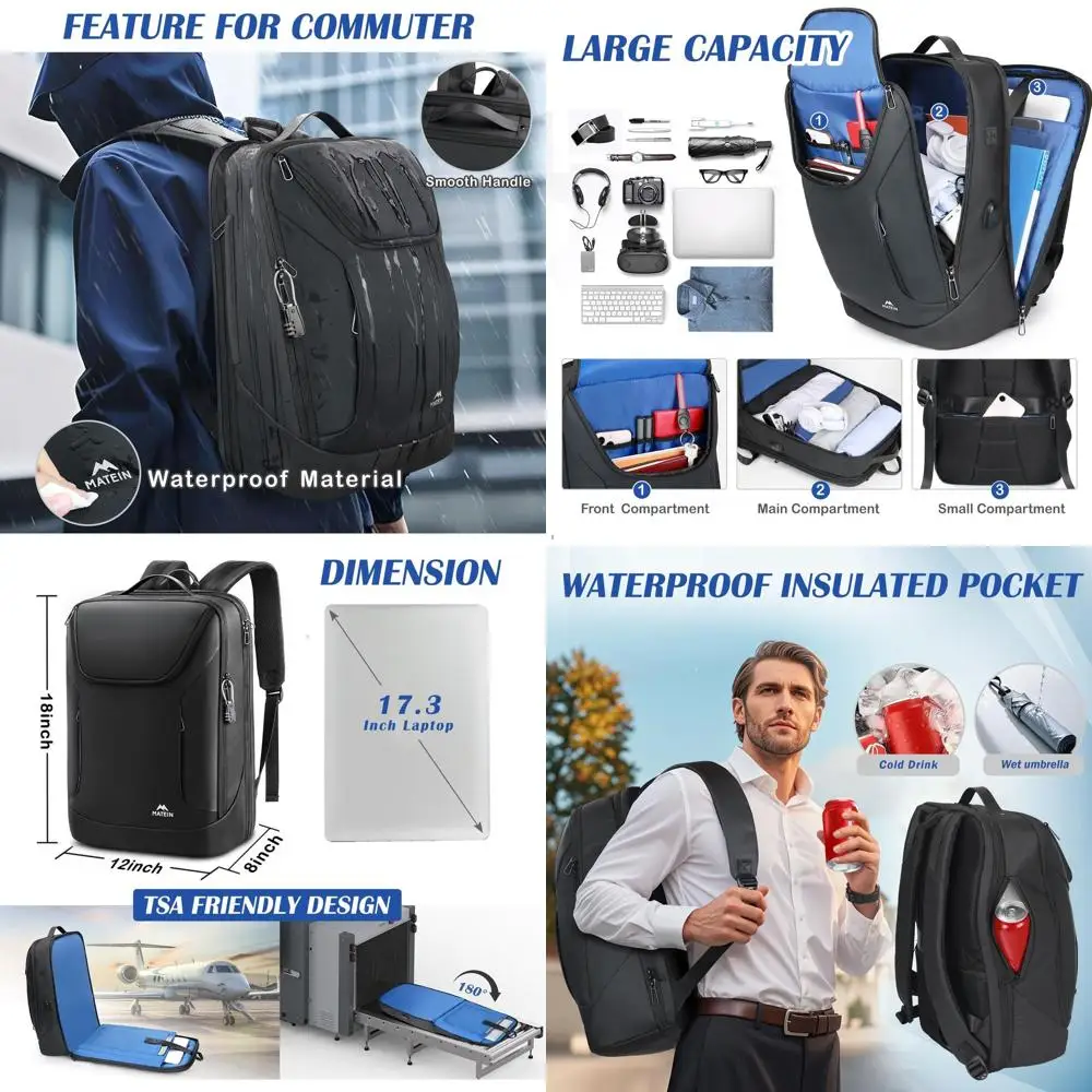 Mochila para Laptop à Prova d'Água de 17 Polegadas com Cadeado e Porta USB, Grande Bolsa de Negócios para Homens e Mulheres, Pronta para Viagem, Preta