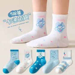 Sanrio Cinnamoroll-Calcetines de algodón para niños, medias de media pantorrilla, Kawaii, otoño e invierno, 5 pares