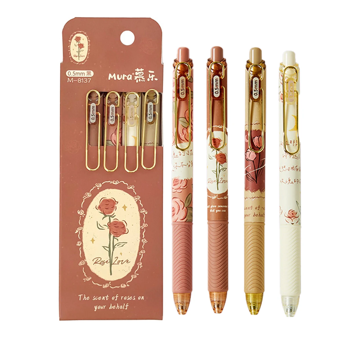 4pcs Rose and Poetry 0.5mm Black Press Gel Pens Animation Student Writing Ink Pen Ballpoint Pen School Office Stationery