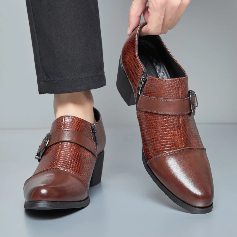 

Retro Buckle British Style High Heels Serpentine Side Zipper Wedding Banquet Fashion Casual Cuban Men Shoes