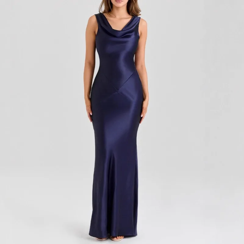 

Backless Satin Women Maxi Dress Elegant Sleeveless Swinging Collar Evening Party Dresses Female Outfits Robe