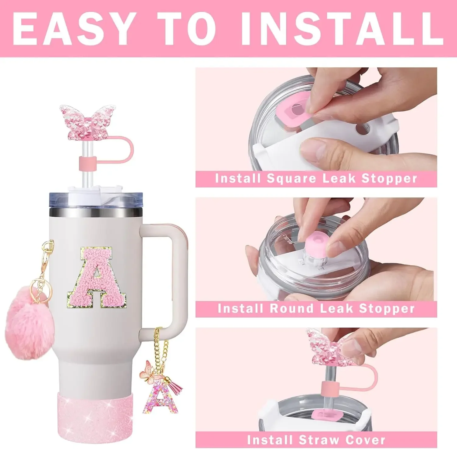 9PCS Cup Accessory Set for Stanley 30oz 40oz Butterfly Straw Cover Cap Silicone Boot Charm Initials Sticker Spill Proof Stopper