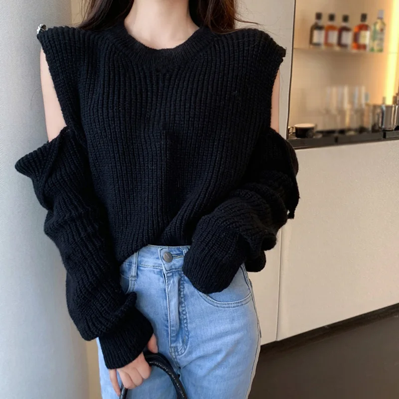 

Women Pullover Round Neck Retro Korean Version Simple Slim Long-Sleeved Autumn Casual Top Off-Shoulder Hollow Design Fashion