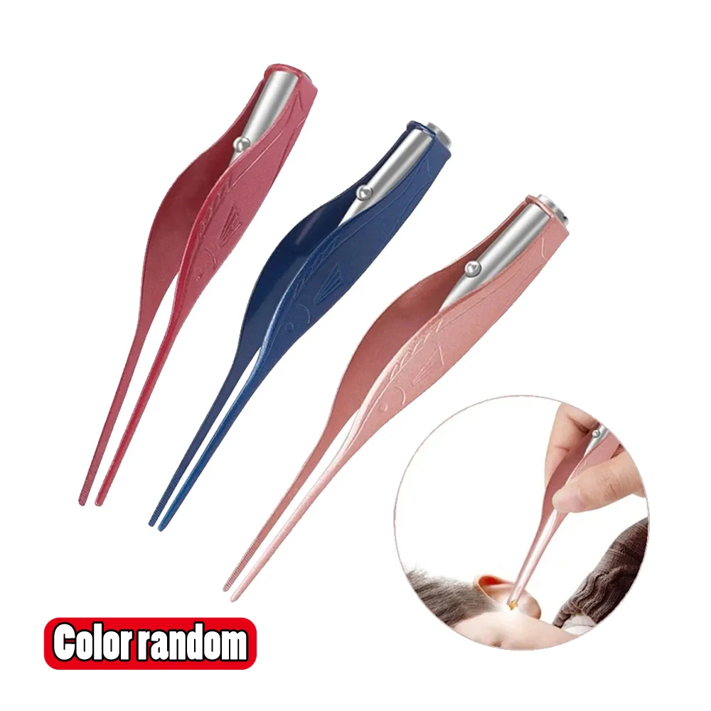 1pc Color Random Ear Cleaner LED Flashlight Earpick Wax Removal Tweezer Luminous Kids Stainless Steel Tweezer Remover