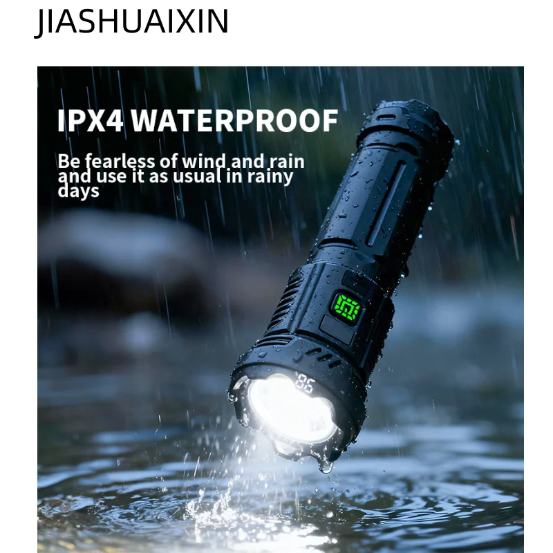 

JIASHUAIXIN 7LED + COB с цифровым дисплеем, боковой мощный фонарик, встроенный аккумулятор, легкий фонарик дальнего действия из АБС-пластика
