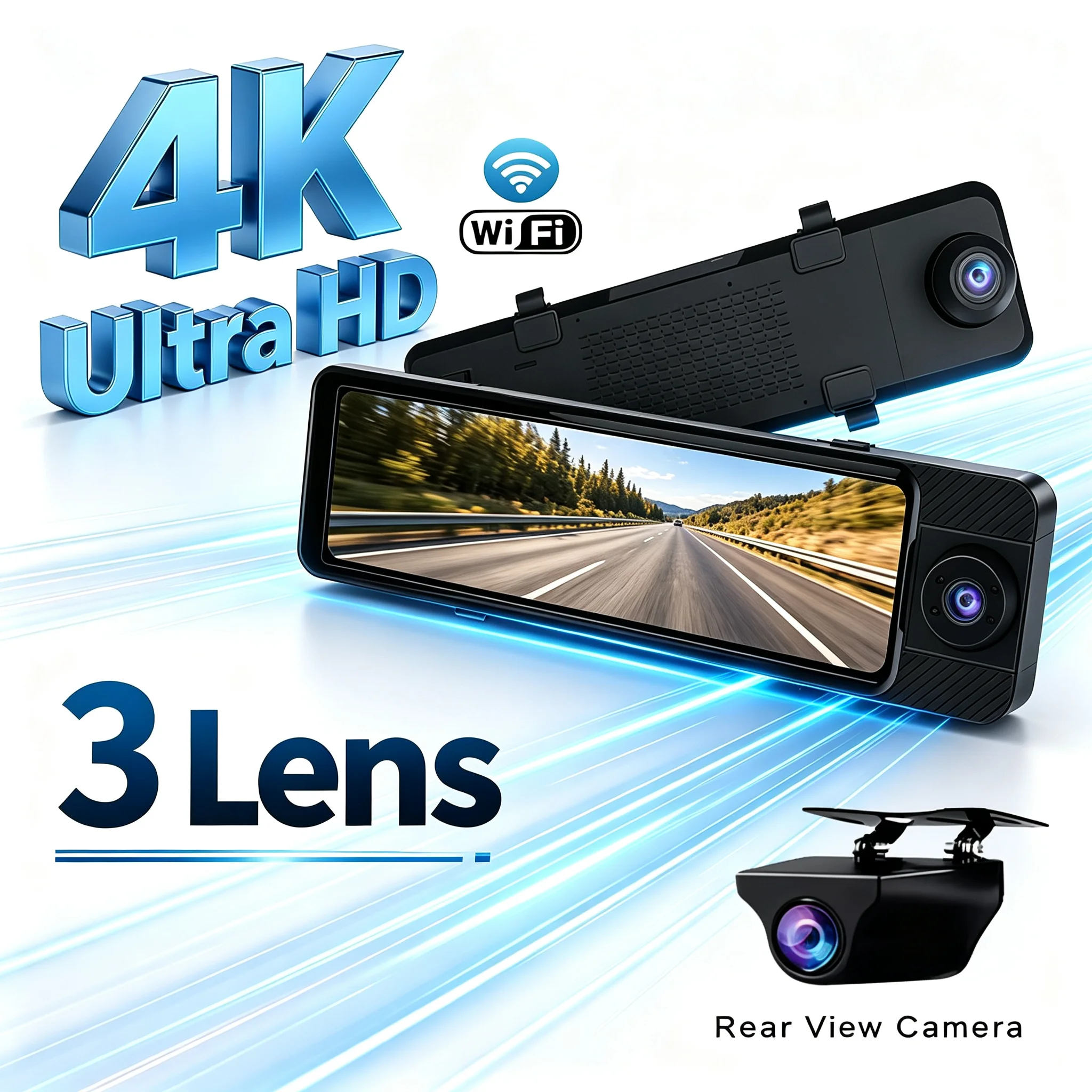4K Ultra HD Mirror Dash Cam 3 Lens Front and Rear View WiFi Car Camera Streaming Media Display Night Vision Parking Monitor