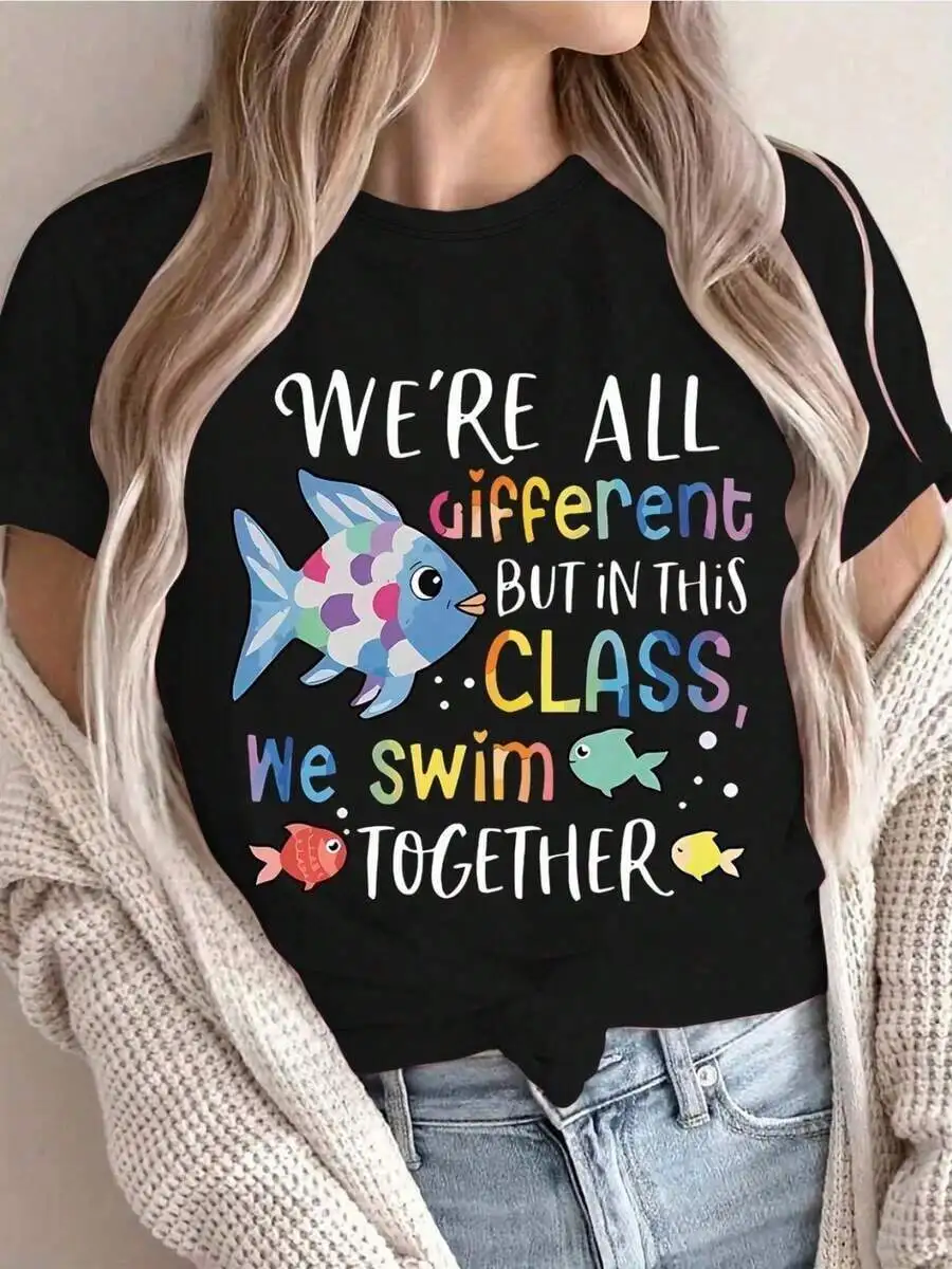 Women Fashion Printed Crew Neck T‑Shirt, Sizes Fashion New Arrival, All‑Season Casual Short Sleeve Base Layer Tops For Daily Outings