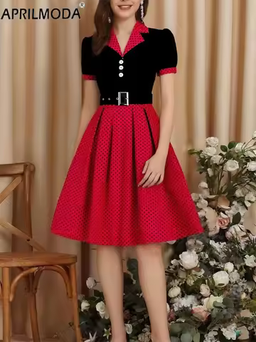 Oversized Vintage1950s Dress for Women Retro Short Sleeve Polka Dot Print Swing Dress with Belted Evening Party Cocktail Dresses