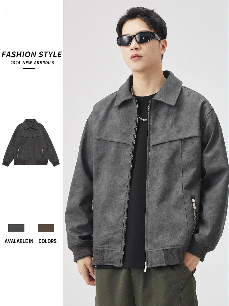 

American Sle Loose Fit Suede Jaet Spring Autumn Flip Collar Retro Youthful Outerwear Faionable Polyester Fiber Coat