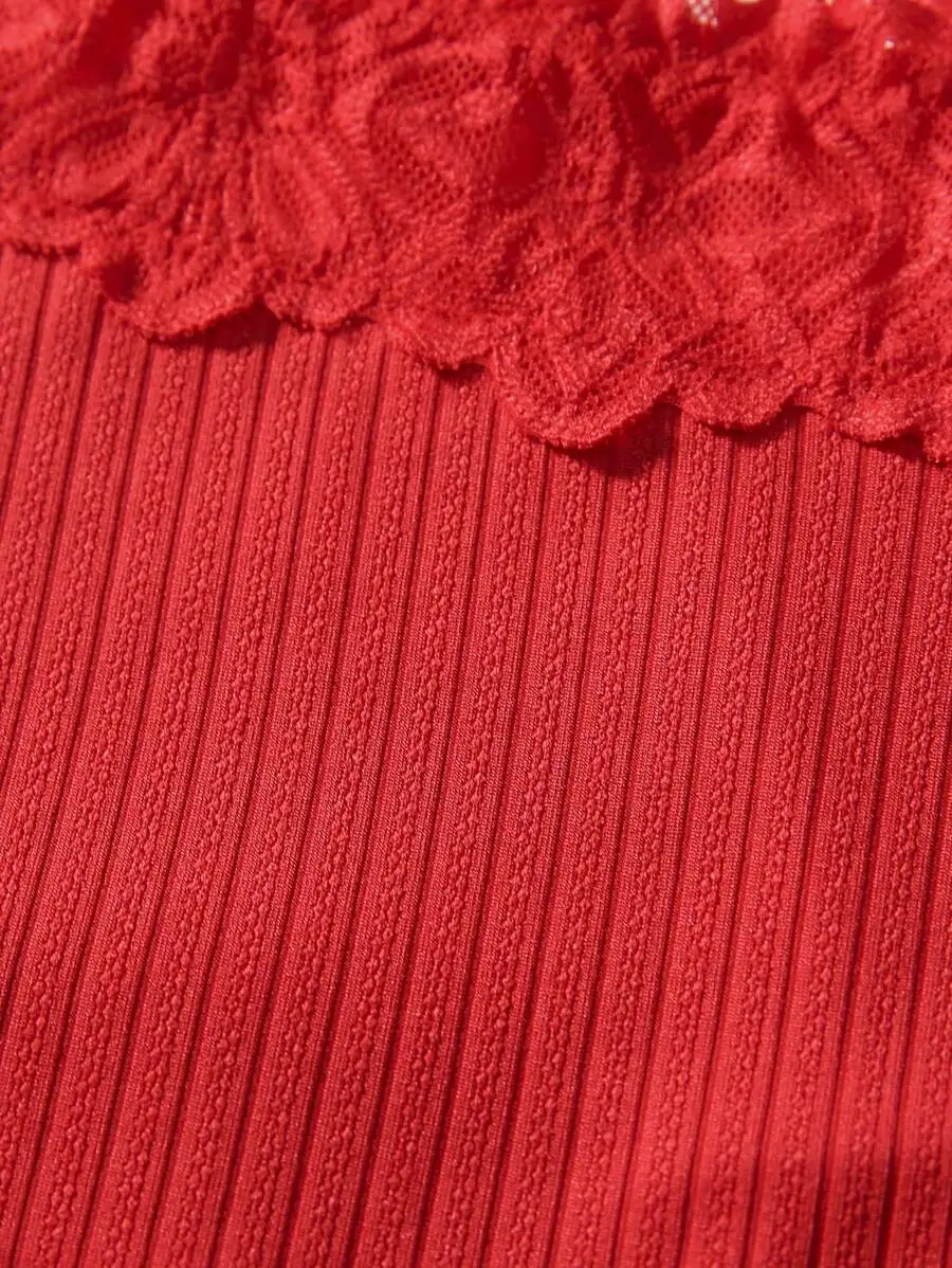 

Red Lace Trim Ribbed Knit Boyshort Panties