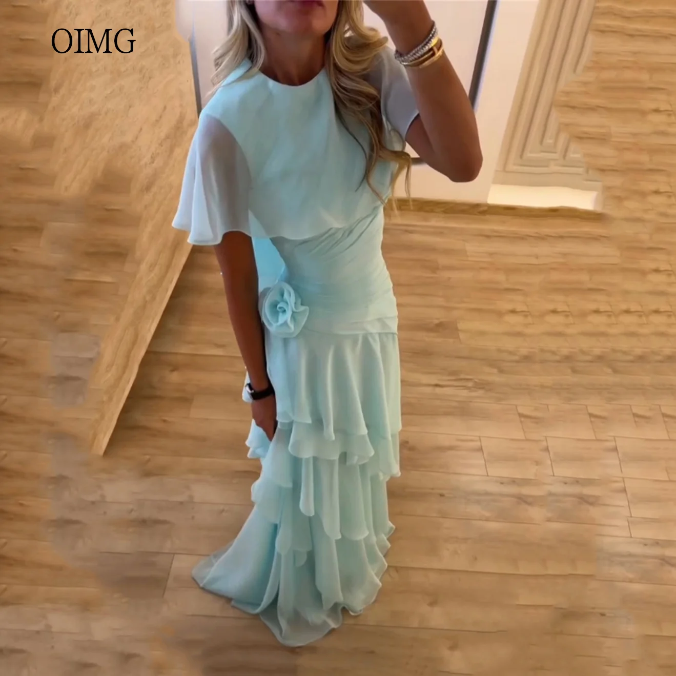 OIMG Maxi Mint Green A-Linie Ballkleider 3D-Blumen-Rüschen-Partykleid Bodenlanges Abendkleid Vestidos de Gala Maßgeschneidert