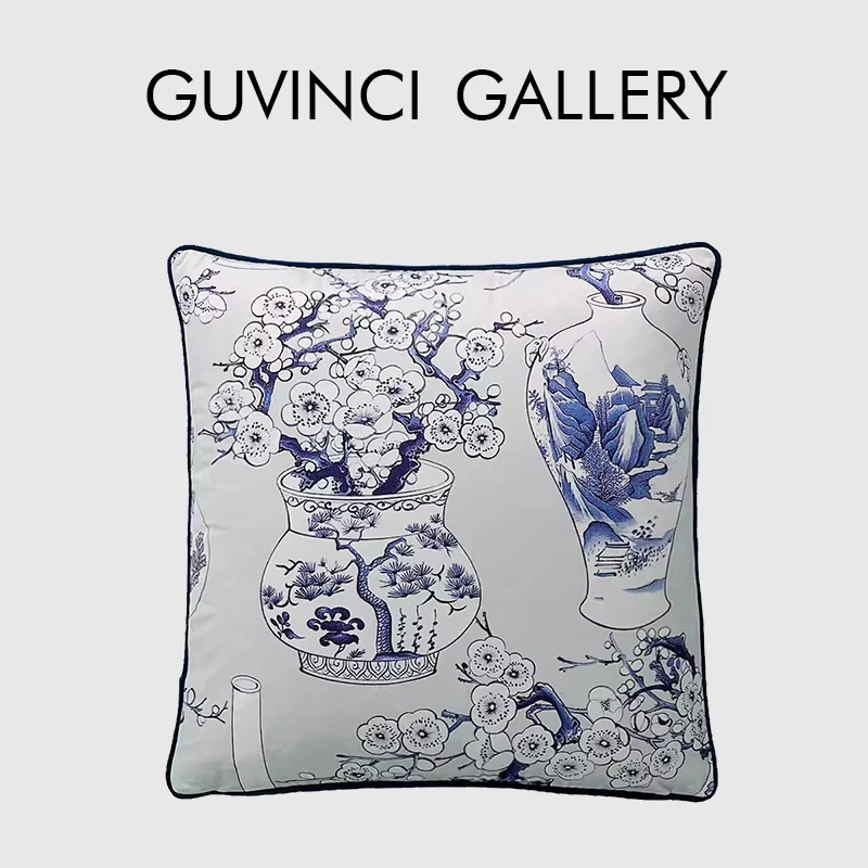 GUVINCI Oriental Furniture Floral Decorative Cushion Cover Blue White Porcelain Vase Print Pillowcase American Style Home Decor