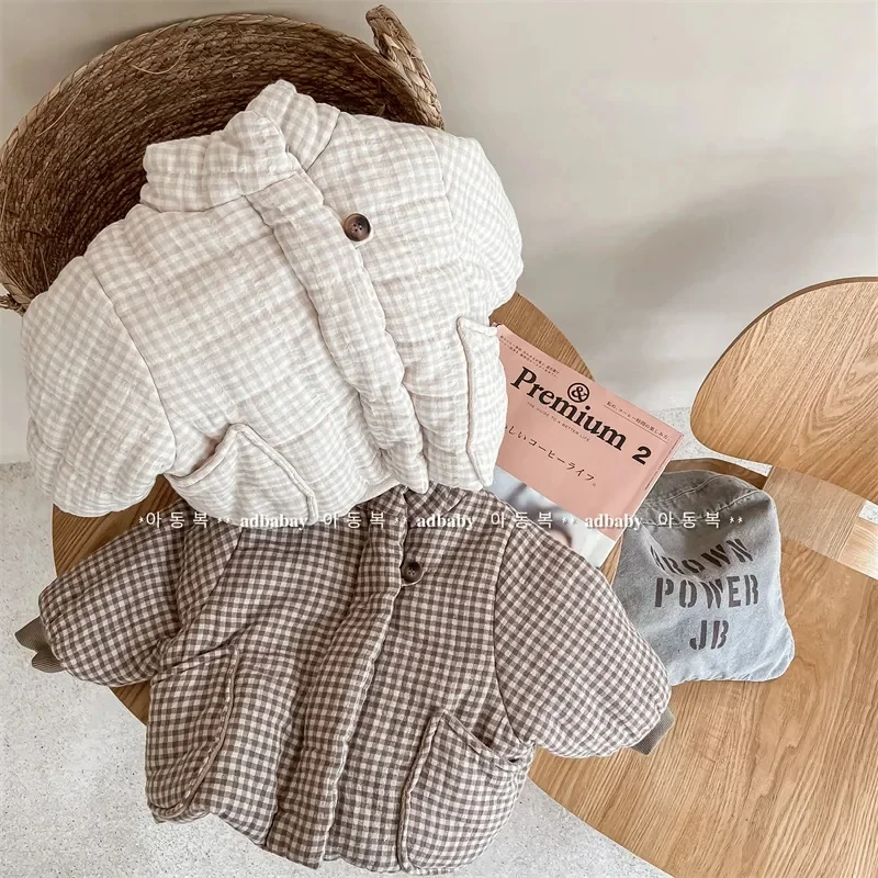 2025 New Winter Toddlers Kids Plaid Thicken Coats Korean Style Fleece Lining Children Warm Outerwear