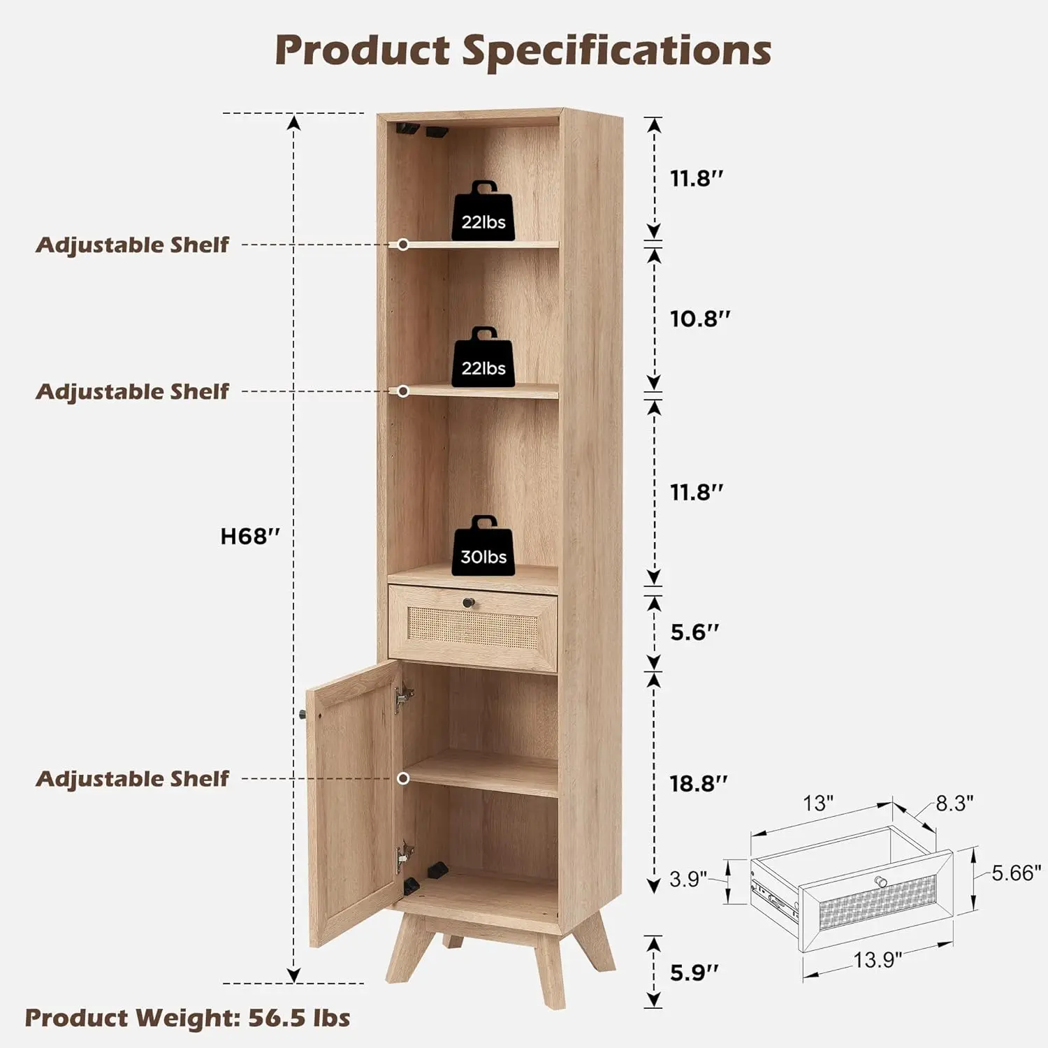 Natural Rattan Narrow Linen Cabinet, 68