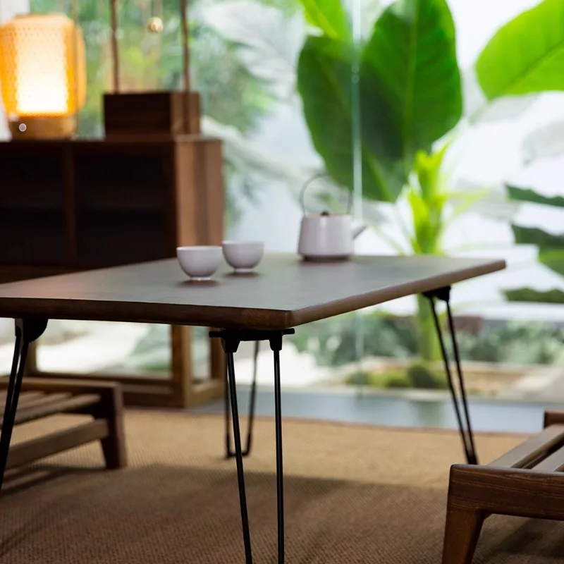 Antique Elm Folding Table Japanese Style Tatami Tea Table Compact Floor Desk with Legs Rustic End