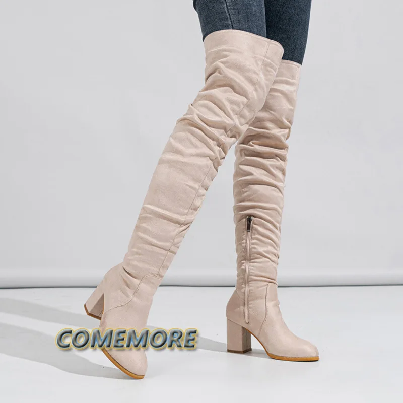 2023 New Fashion Round Toe Zip Thigh High Boot Women Autumn Winter Casual Chunky Heels Motorcycle Over The Knee Shoe Botas Mujer