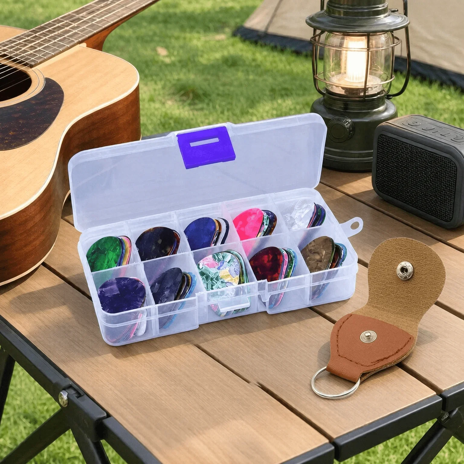 Bulk 28/48Pcs Random Color Guitar Picks Set Celluloid Plectrums Storage Box Brown PU Pouch Random Thickness for Practice TMZ