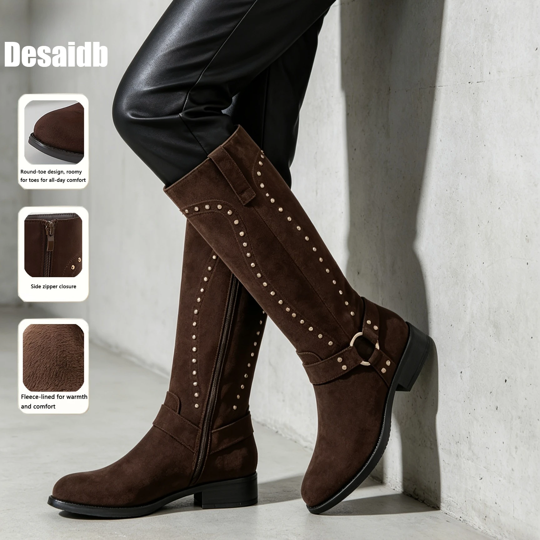 Desaidb Women Vintage Faux Suede Knee High Boots, Studded Side Zipper Block Heel Boots, Cool Chic Western Cowboy Riding Boots