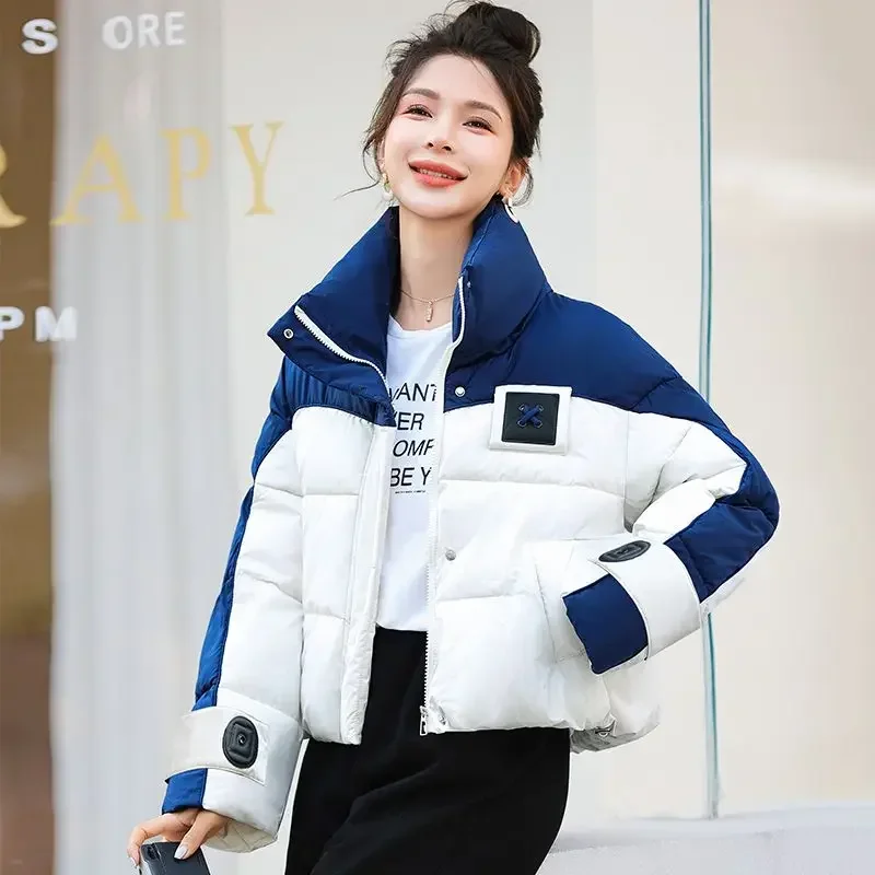 High-end Chic Cropped Puffer Jacket Winter Clothing Women Patchwork Cotton-padded Jacket Streetwear Warm Parkas Coat Outerwear