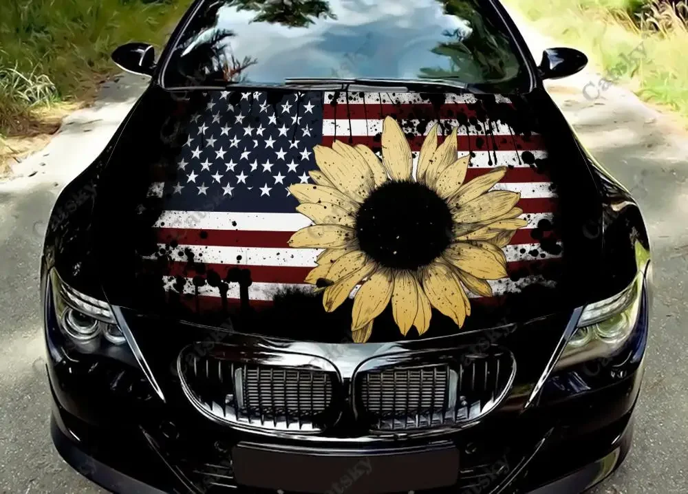 

Sunflower American Flag Car Hood Vinyl Stickers Wrap Vinyl Film Engine Cover Decals Sticker Universal Car Hood Protective Film