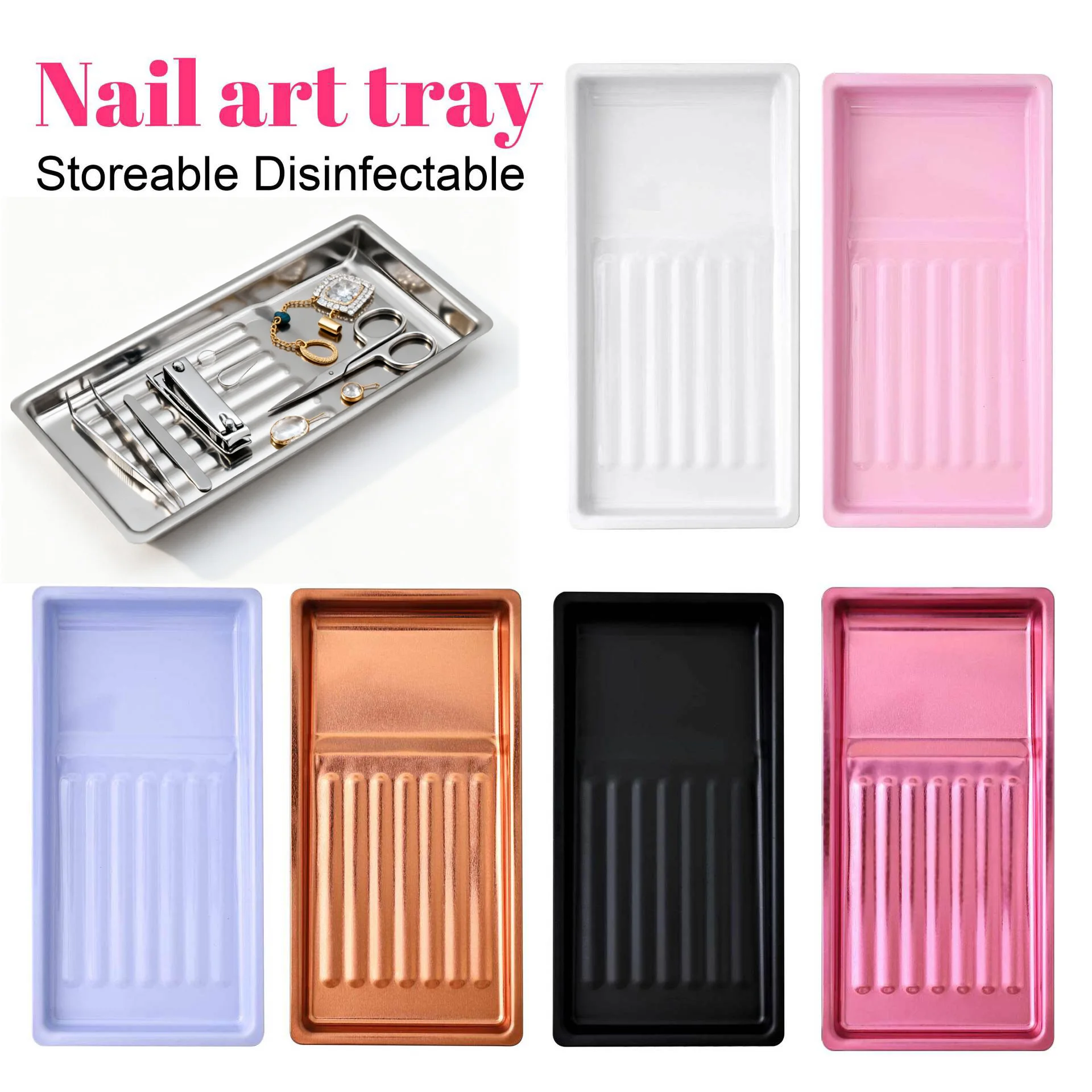 1 Multi-Color Square Storage Tray, Nail Salon Accessories and Tool Display Disinfection Tray, Stainless Steel Metal Plate