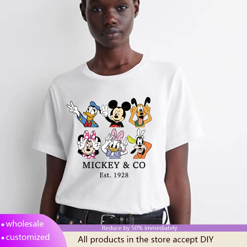 

Disney Mickey and Friends Scene Joy Print Ladies Crew Neck Short Sleeve T-Shirt Cute Ladies Bottom Clothes Large Size Pullovers